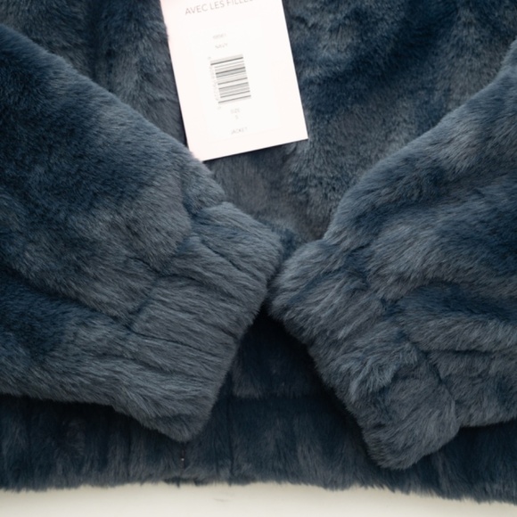 Avec Les Filles Zip‑Up Faux Fur Coat | Hooded Teddy Bomber Blue Small NWT - Picture 7 of 9